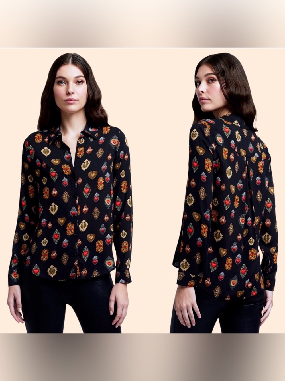 L'Agence Holly Button Down Blouse Black Multi Jewel Heart Printed Size XS